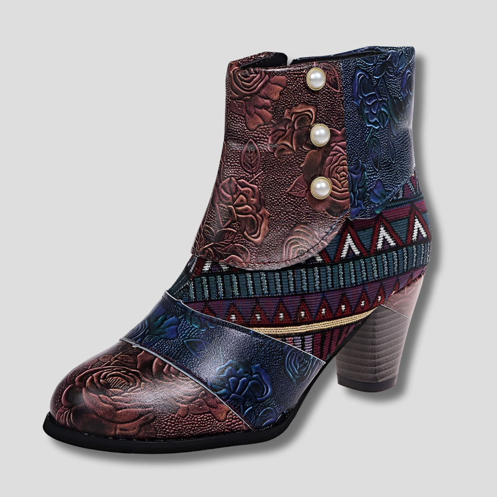 Embroidered leather with floral print, thick heel, and vintage charm