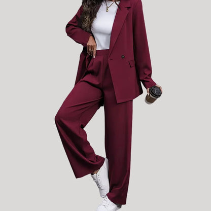 Ladies Timeless Double-Breasted Suit with Blazer and Wide Trousers