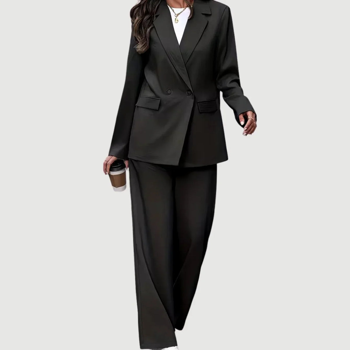 Ladies Timeless Double-Breasted Suit with Blazer and Wide Trousers