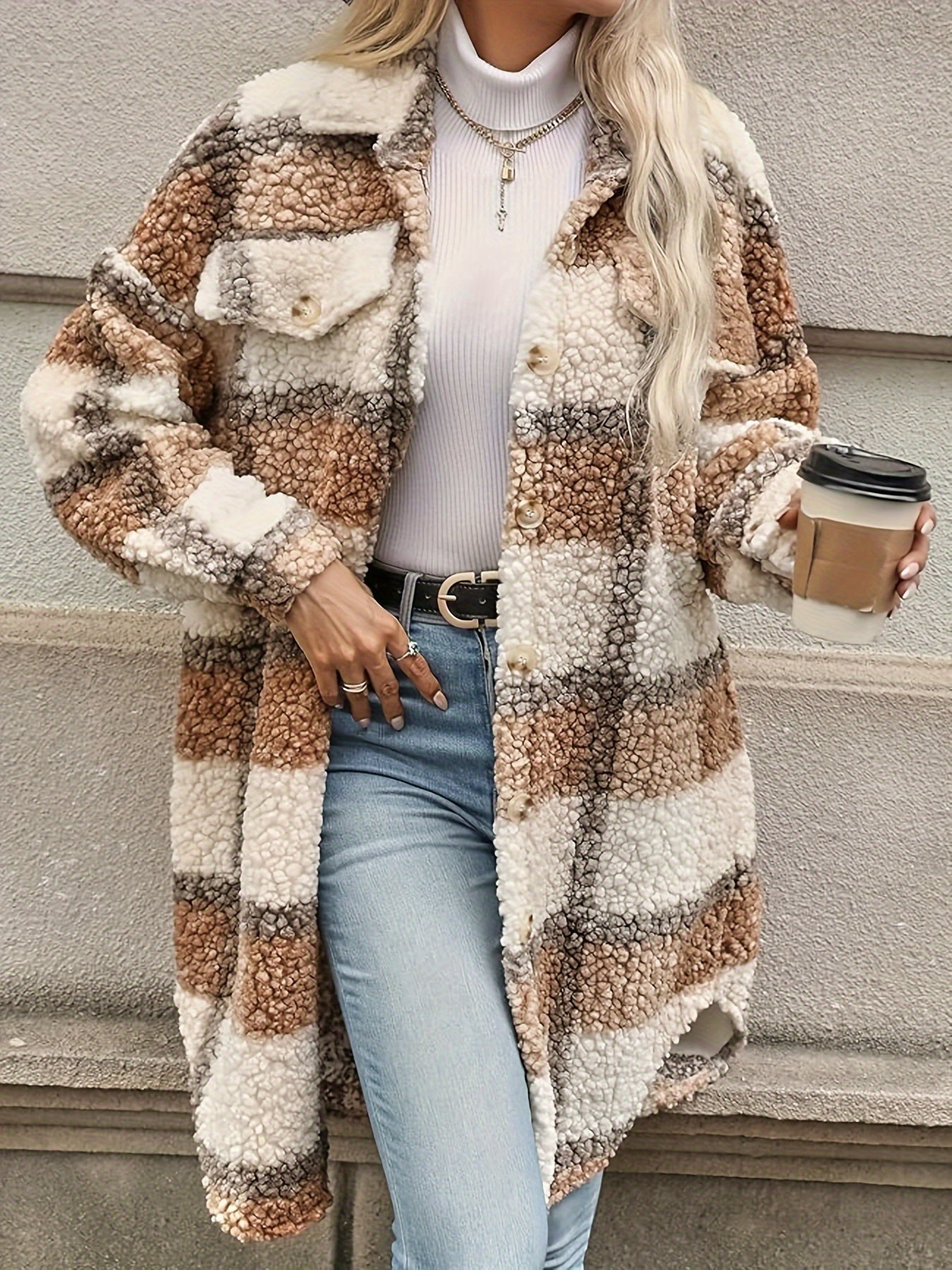 Emma | Checked Button Coat with Fuzzy Pattern
