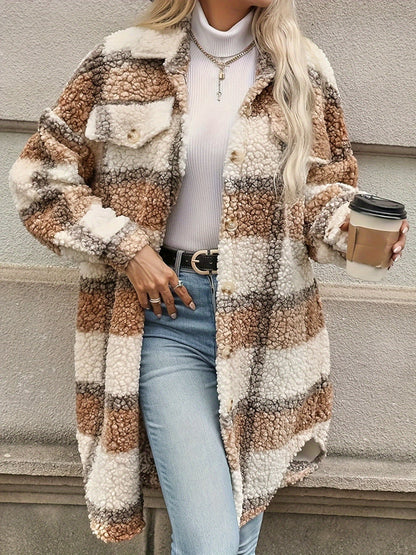 Emma | Checked Button Coat with Fuzzy Pattern