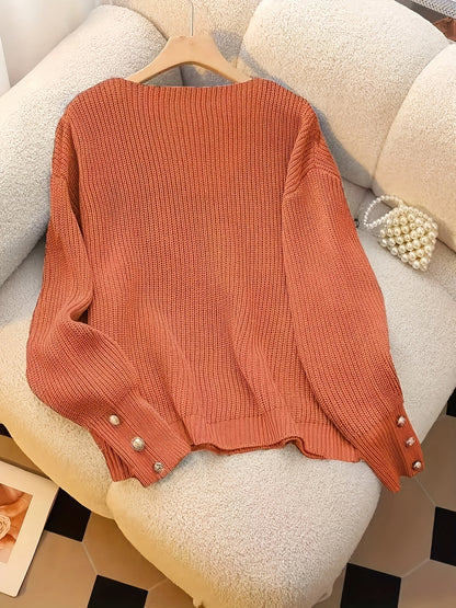 Emma | Elegant V-neck knitted jumper with long sleeves