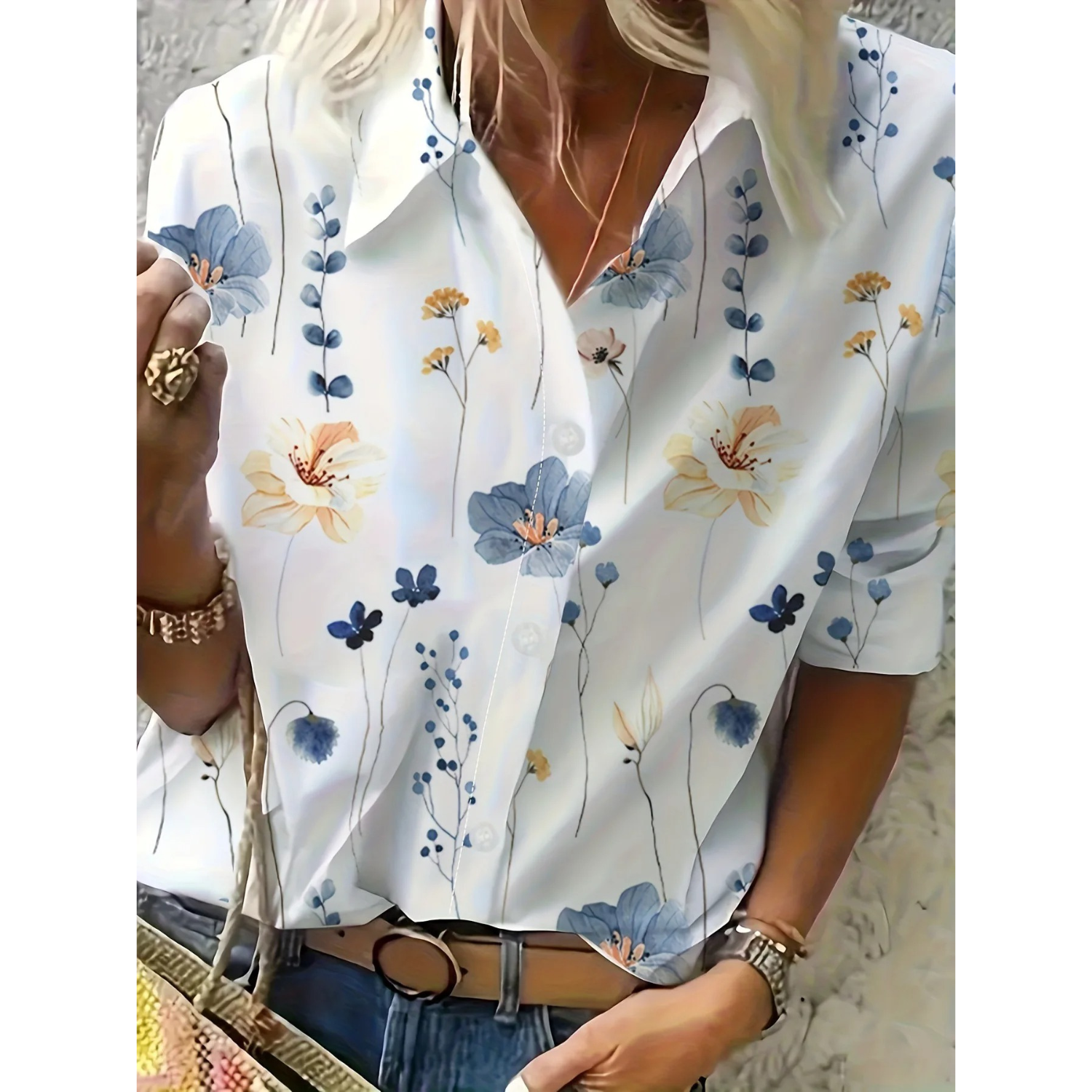 Emma | Elegant floral ladies' blouse with a shawl collar