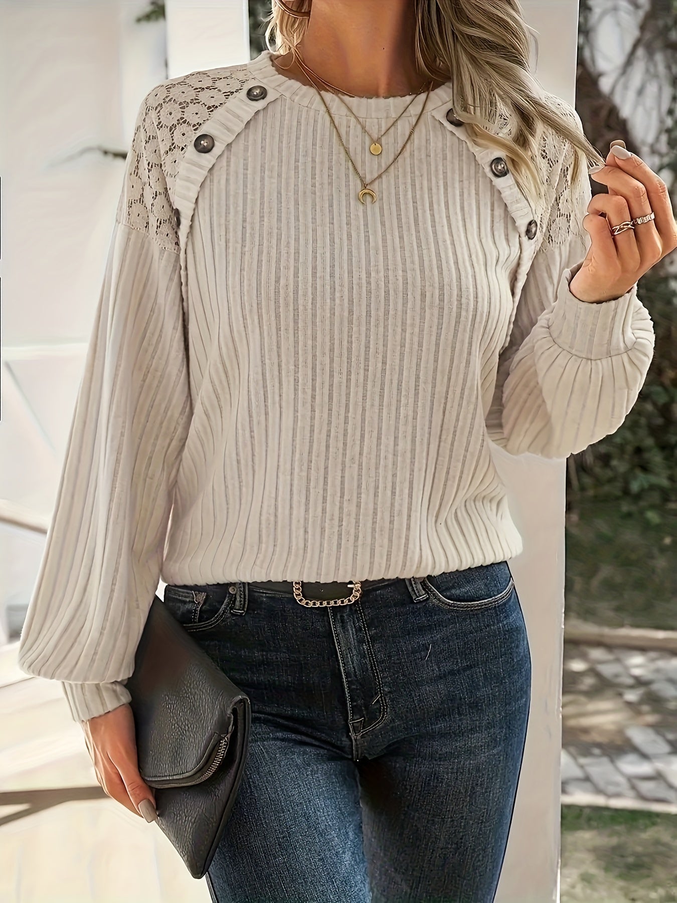 Emma | Elegant polyester ladies' sweatshirt with lace shoulder detail and button accents
