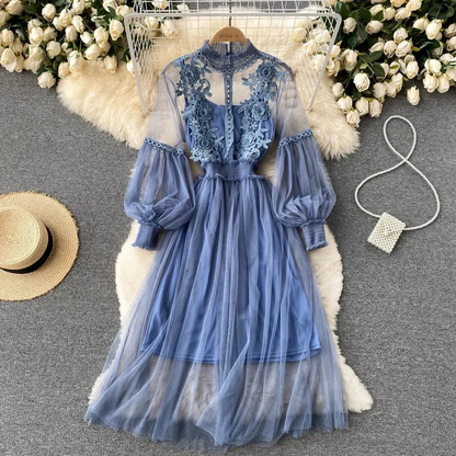 Enchanting Floral Dress with Stand-Up Collar