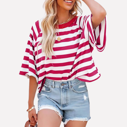 Maglia girocollo da donna a righe con blocchi di colore