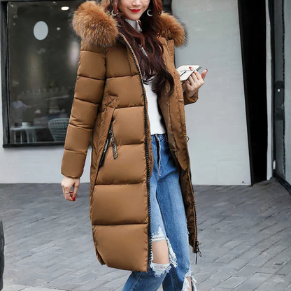 Cappotto lungo da donna con collo di pelliccia