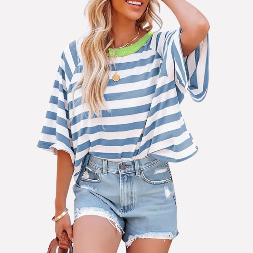 Maglia girocollo da donna a righe con blocchi di colore