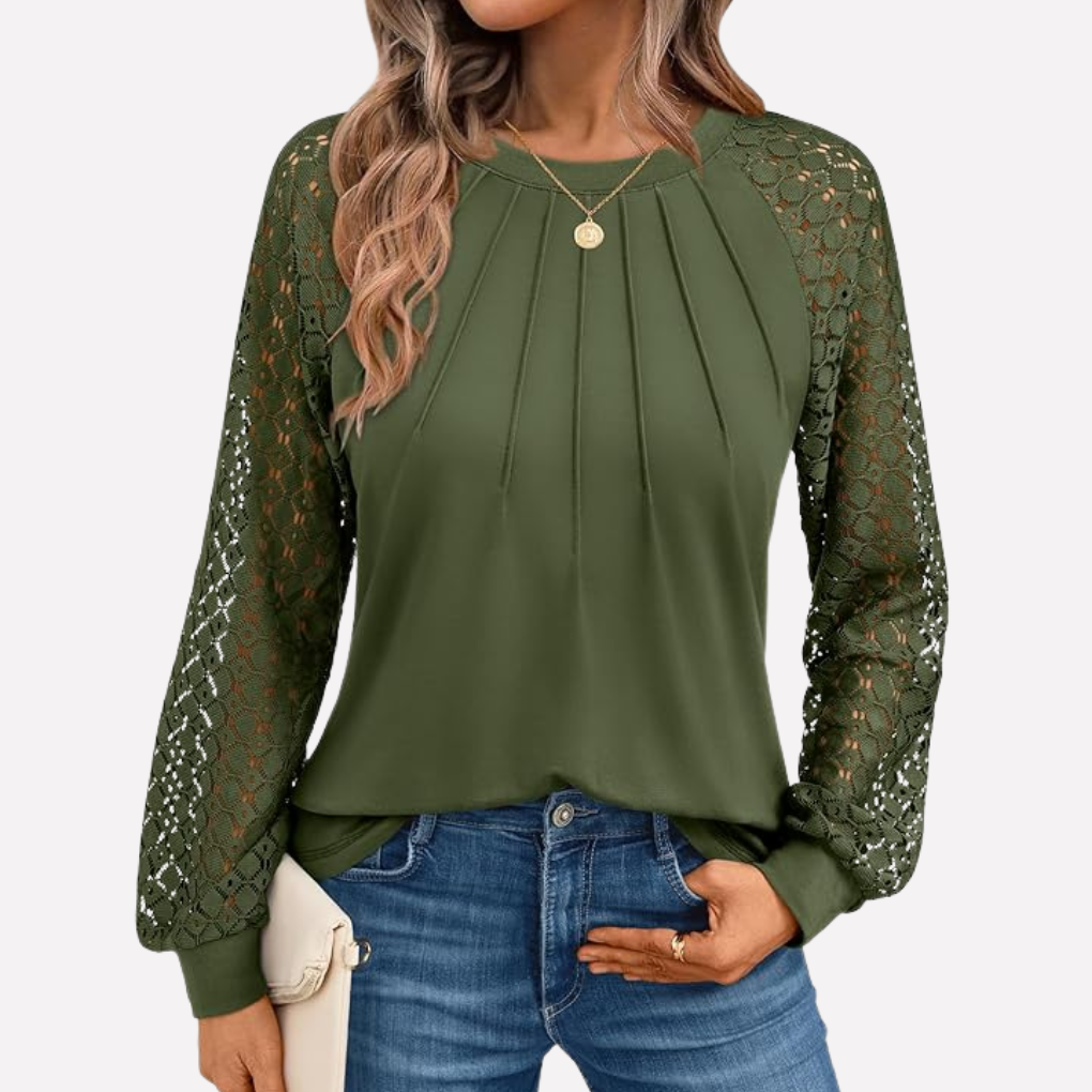 Blusa a maniche lunghe in pizzo plissettato