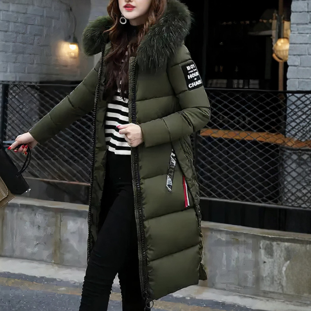 Cappotto lungo da donna con collo di pelliccia
