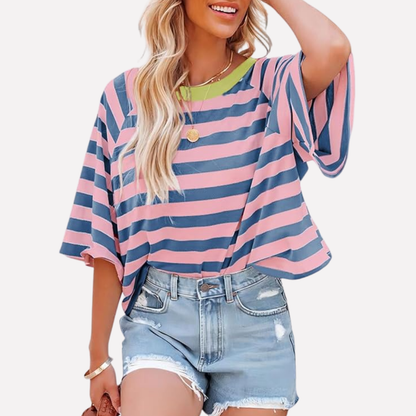 Maglia girocollo da donna a righe con blocchi di colore
