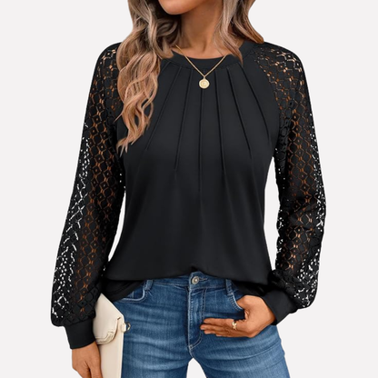 Blusa a maniche lunghe in pizzo plissettato