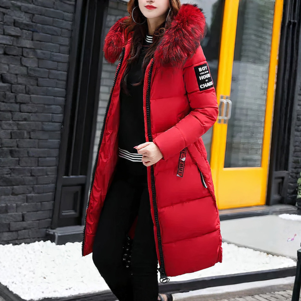 Cappotto lungo da donna con collo di pelliccia