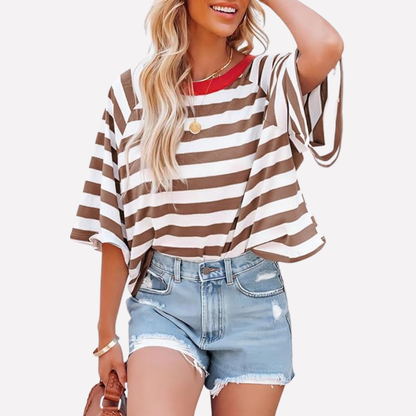 Maglia girocollo da donna a righe con blocchi di colore