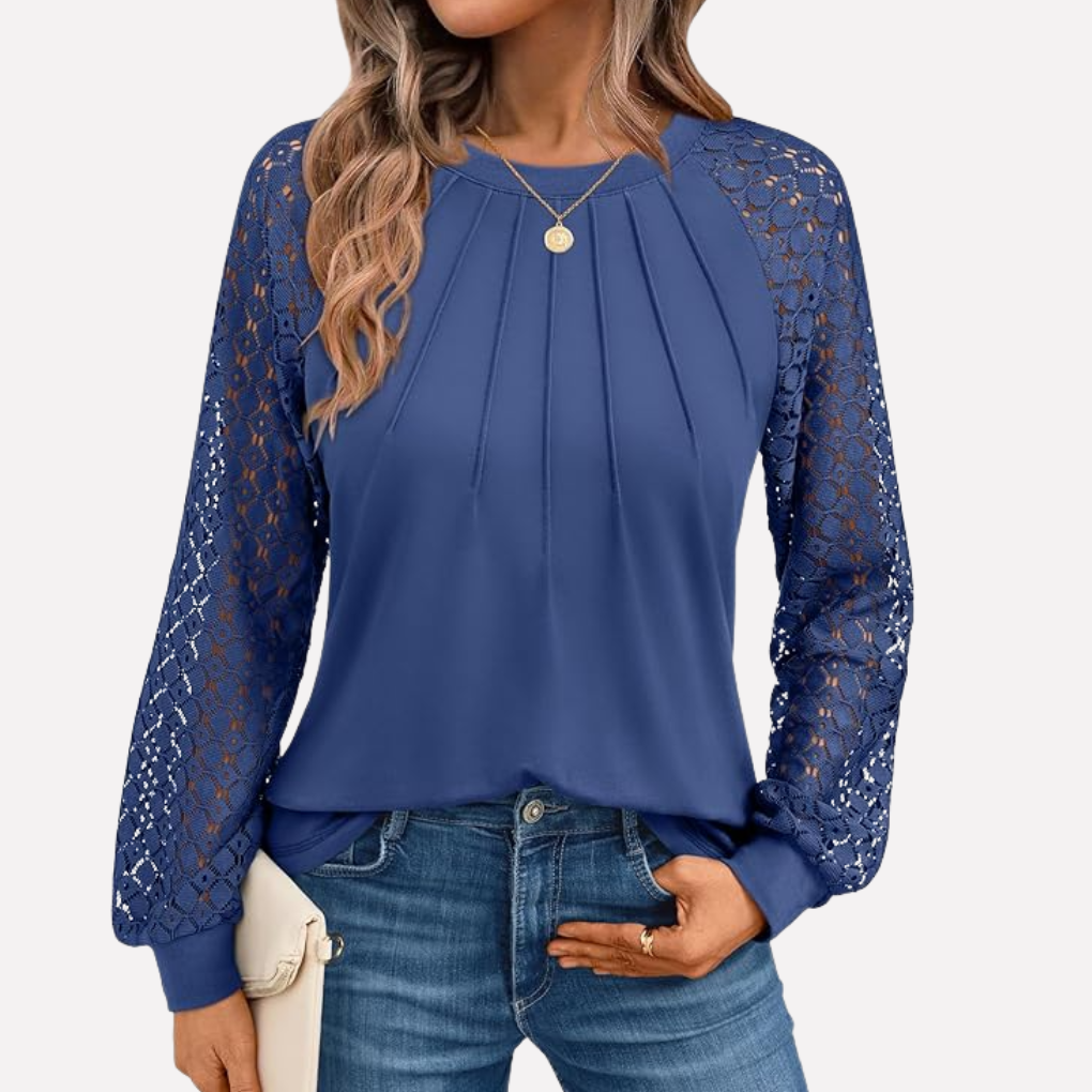 Blusa a maniche lunghe in pizzo plissettato