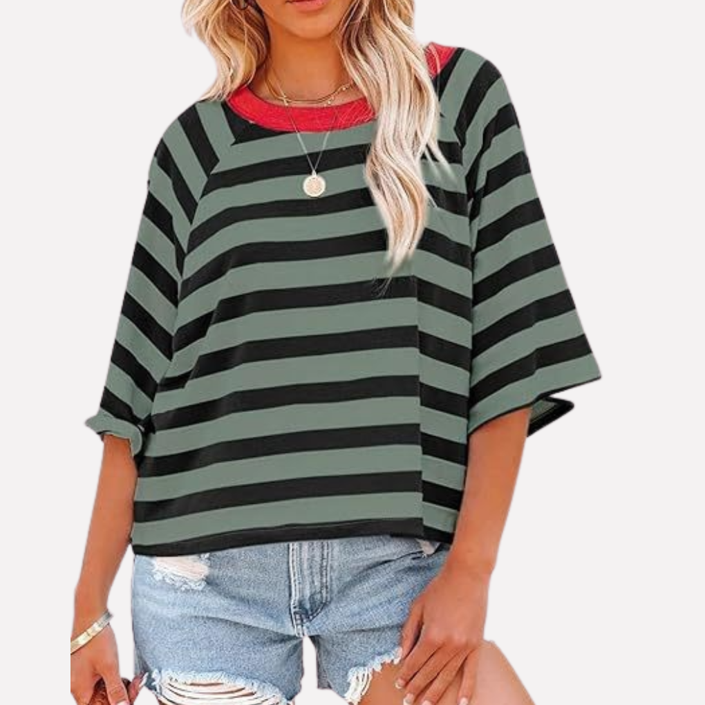 Maglia girocollo da donna a righe con blocchi di colore