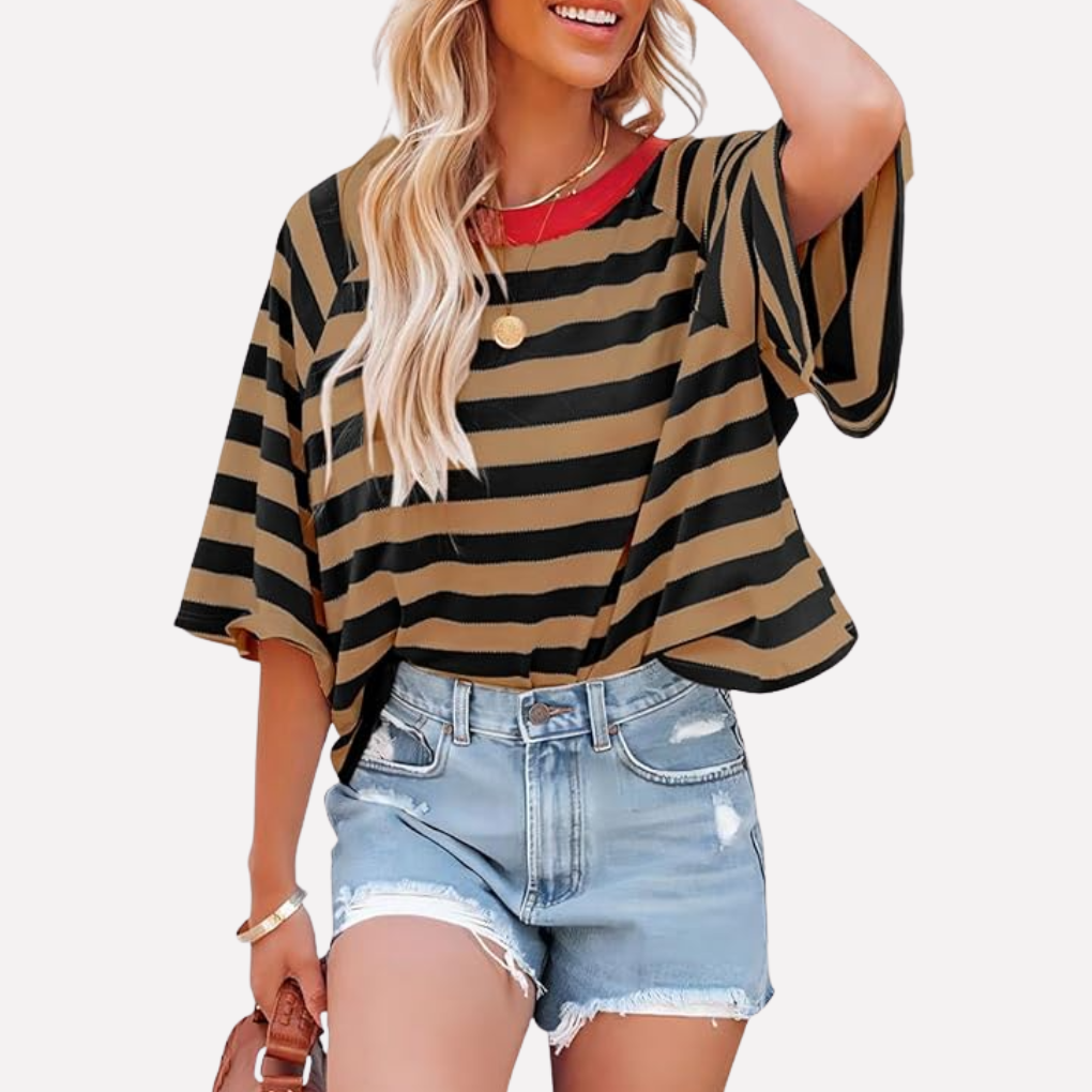 Maglia girocollo da donna a righe con blocchi di colore