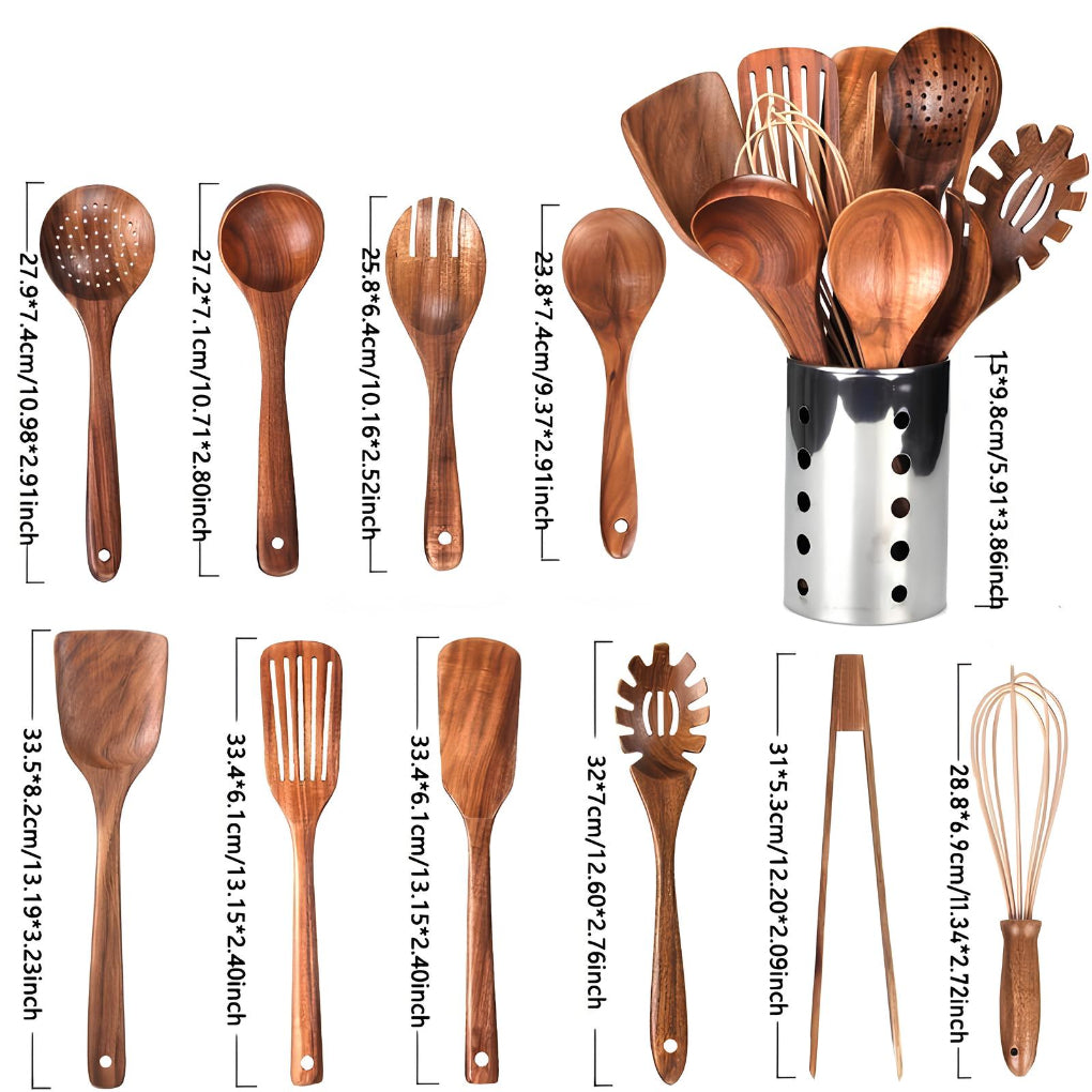 11-Piece Teak Kitchen Utensil Set with Holder