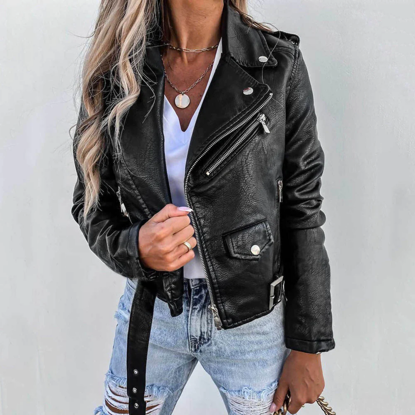 Eva | Stylish Padded Leather Jacket with Zip