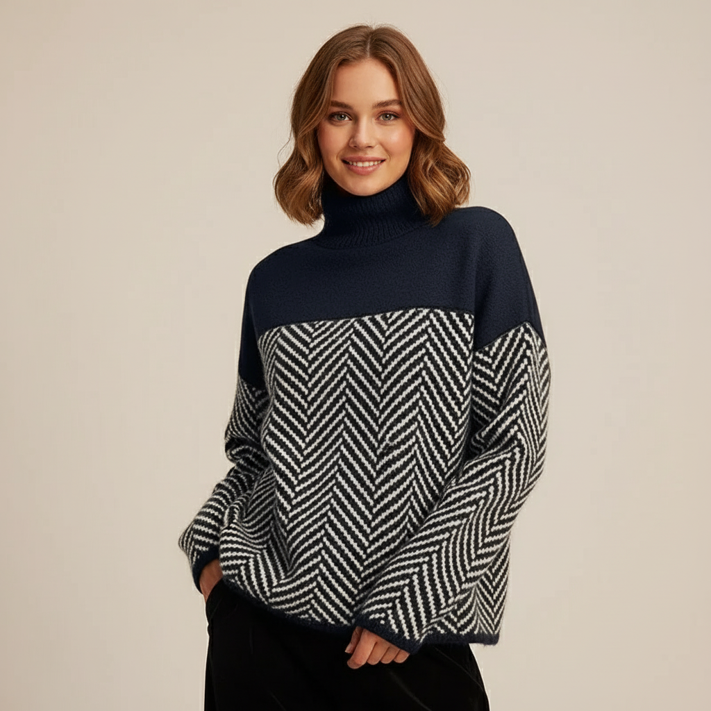 Soft Knitted Women's Roll Neck Jumper with Herringbone Pattern and Colour Block
