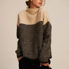 Soft Knitted Women's Roll Neck Jumper with Herringbone Pattern and Colour Block