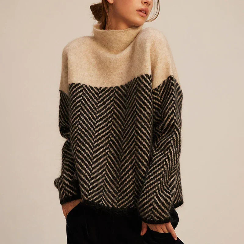 Soft Knitted Women's Roll Neck Jumper with Herringbone Pattern and Colour Block