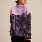 Soft Knitted Women's Roll Neck Jumper with Herringbone Pattern and Colour Block