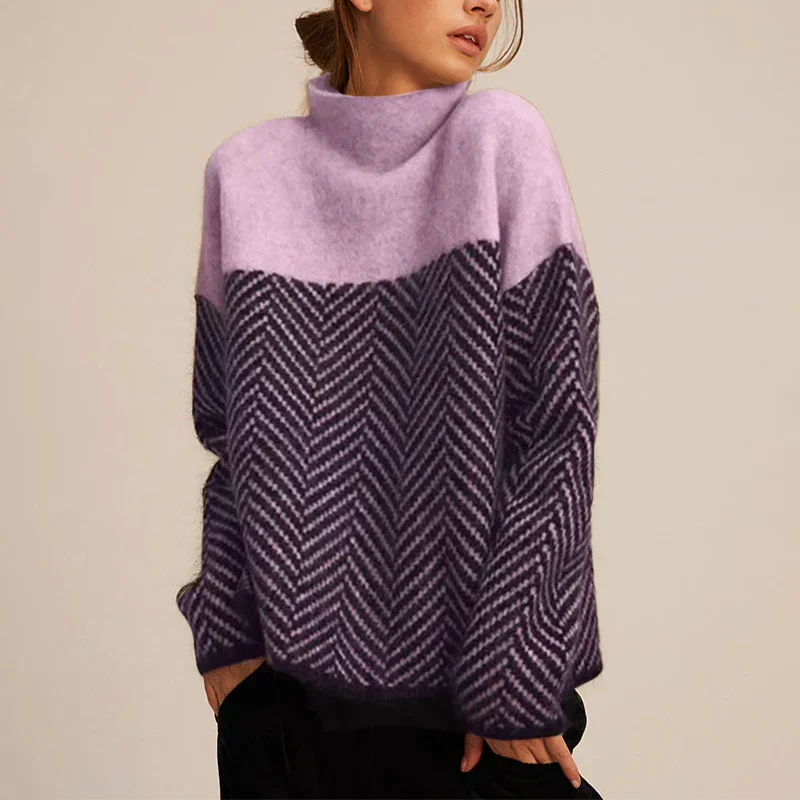 Soft Knitted Women's Roll Neck Jumper with Herringbone Pattern and Colour Block