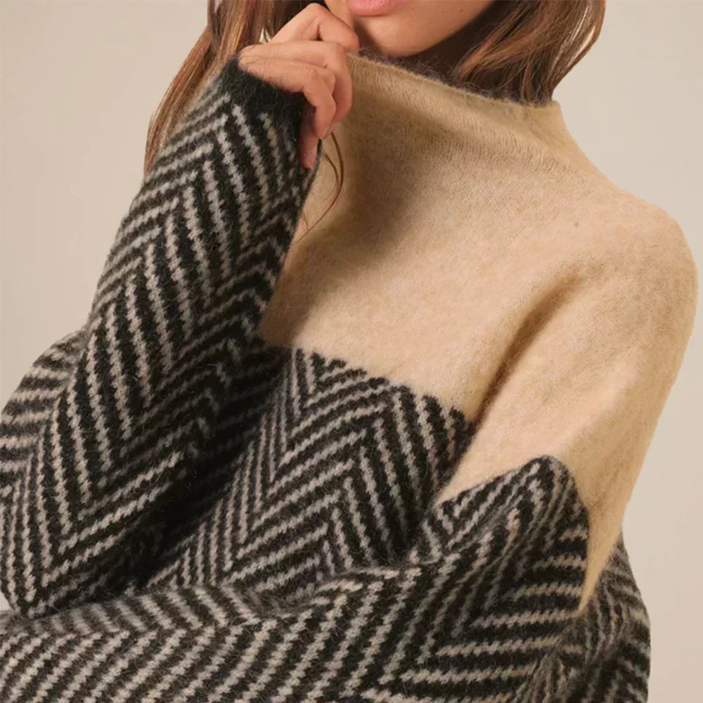 Soft Knitted Women's Roll Neck Jumper with Herringbone Pattern and Colour Block