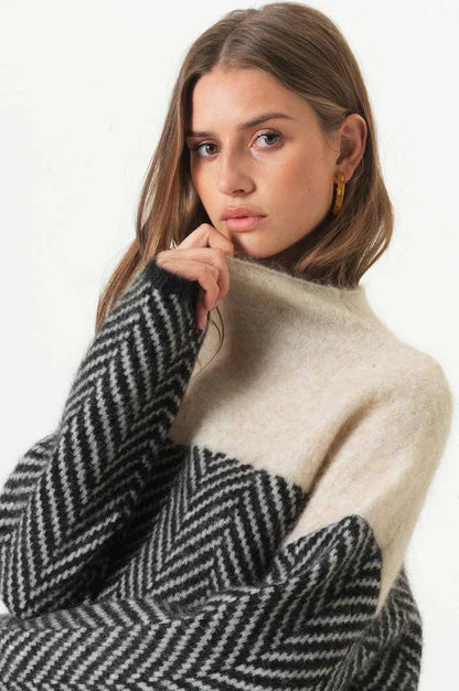 Soft Knitted Women's Roll Neck Jumper with Herringbone Pattern and Colour Block