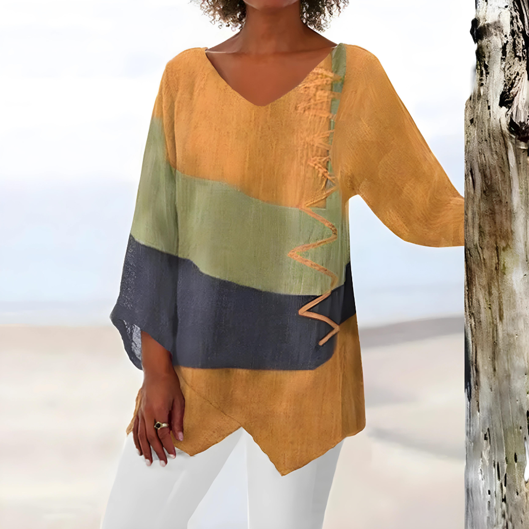 Evelien – Elegant Patchwork Blouse with Asymmetrical Design
