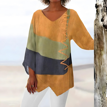 Evelien – Elegant Patchwork Blouse with Asymmetrical Design