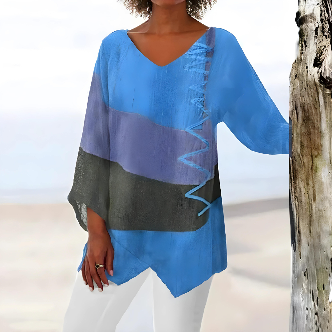 Evelien – Elegant Patchwork Blouse with Asymmetrical Design