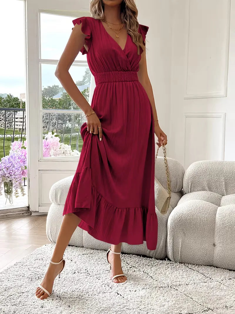 Evening Dress with V-Neck and Tiered Skirt