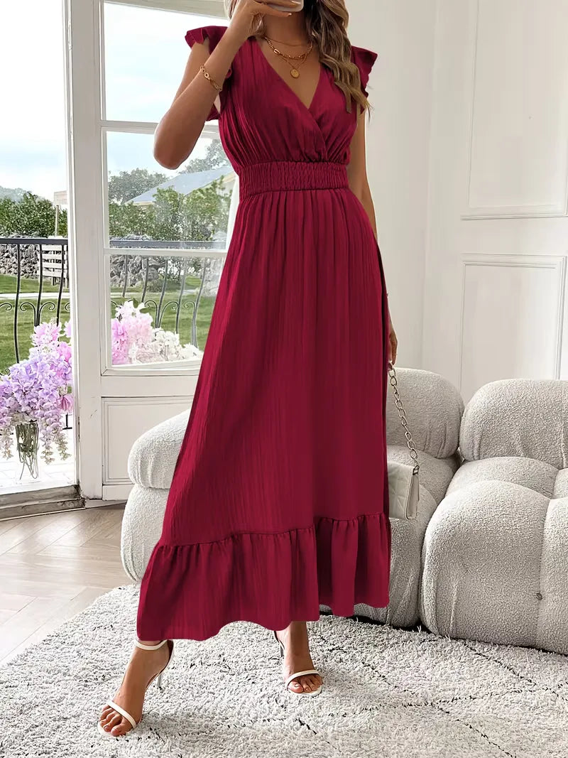 Evening Dress with V-Neck and Tiered Skirt