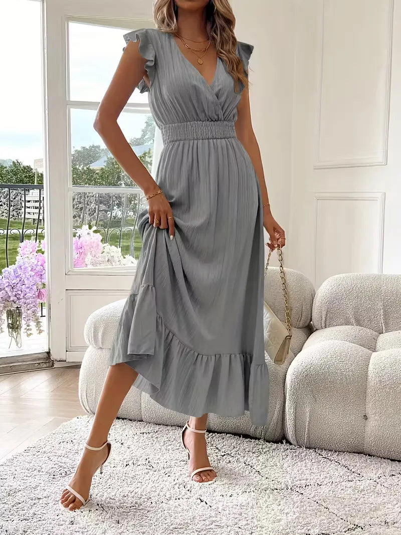Evening Dress with V-Neck and Tiered Skirt