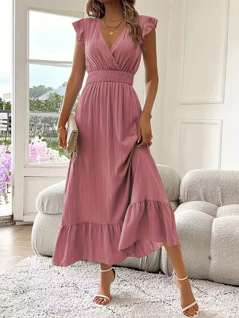 Evening Dress with V-Neck and Tiered Skirt