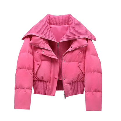 Ladies Short Puffer Winter Jacket Quilted with Ribbed Collar