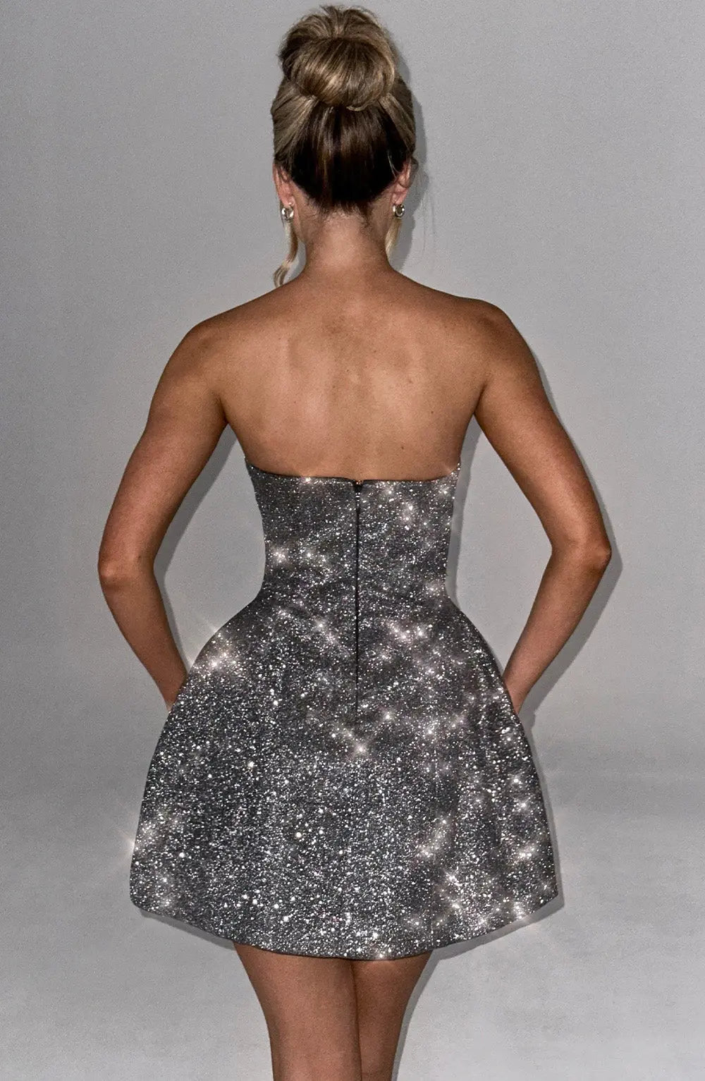 Silver Glitter Strapless Mini Cocktail Dress with Large Bow for Women