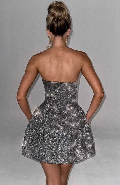 Silver Glitter Strapless Mini Cocktail Dress with Large Bow for Women