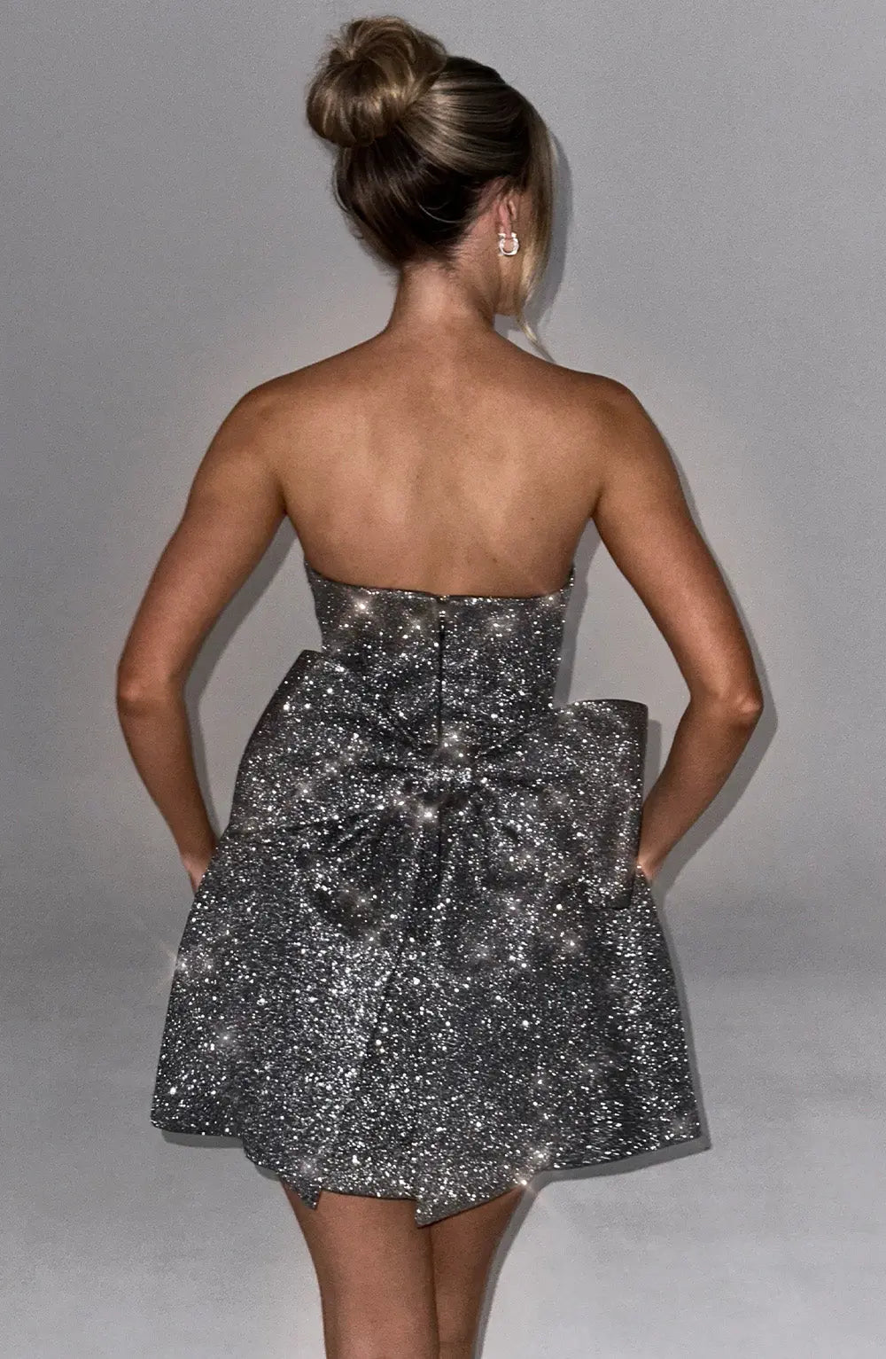 Silver Glitter Strapless Mini Cocktail Dress with Large Bow for Women