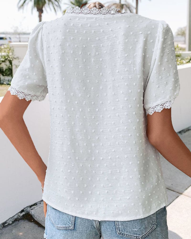 White Lace Top with V-Neck and Subtle Dots for Women