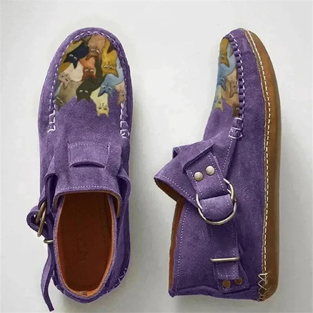 Felinstep – Comfortable Leather Ankle Boots with Cat Print