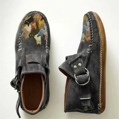 Felinstep – Comfortable Leather Ankle Boots with Cat Print