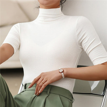 Ladies' Women's Roll Neck Jumper with Three-Quarter Sleeves and Stretch