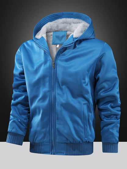 Fleece jacket with hood and zip fastening