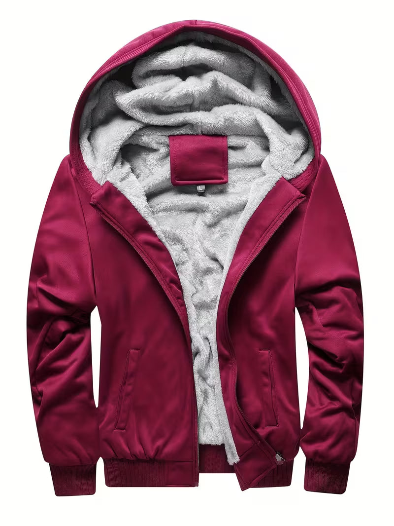 Fleece jacket with hood and zip fastening