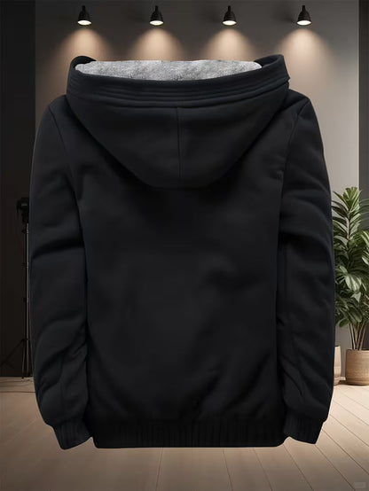 Fleece jacket with hood and zip fastening