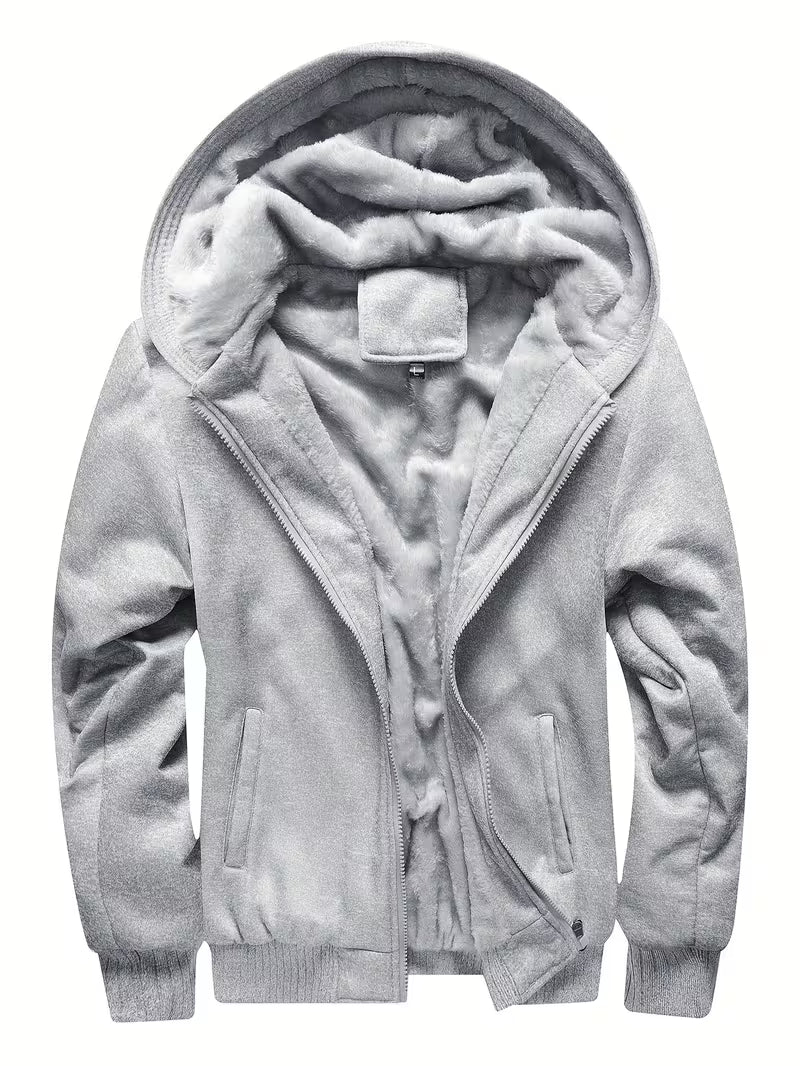 Fleece jacket with hood and zip fastening