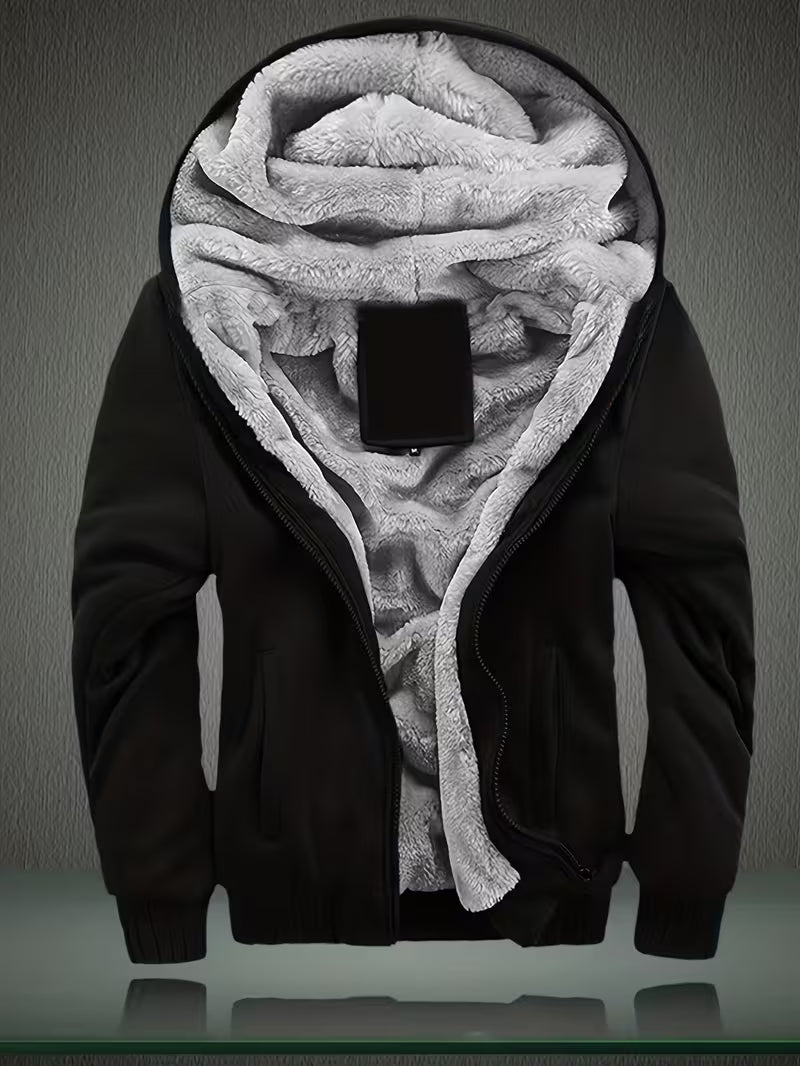 Fleece jacket with hood and zip fastening